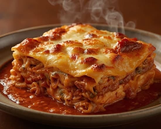 Homemade Meat Lasagna with Italian Sausage & Fresh Garlic Bread.